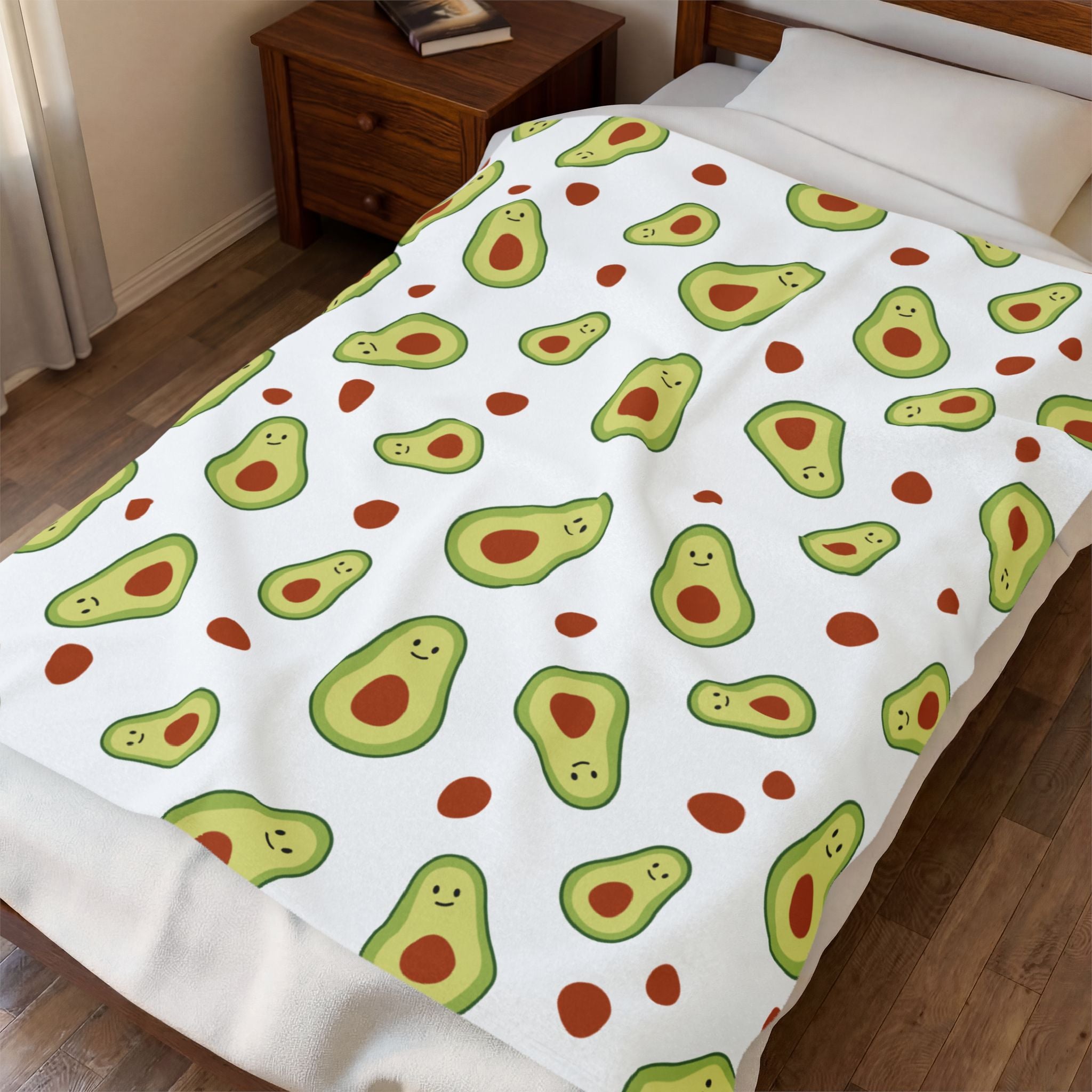 Avocado Pattern Velveteen Plush Blanket — Cute Avocado Tossed Design, Cozy Throw for Kitchen, Living Room & Gifts