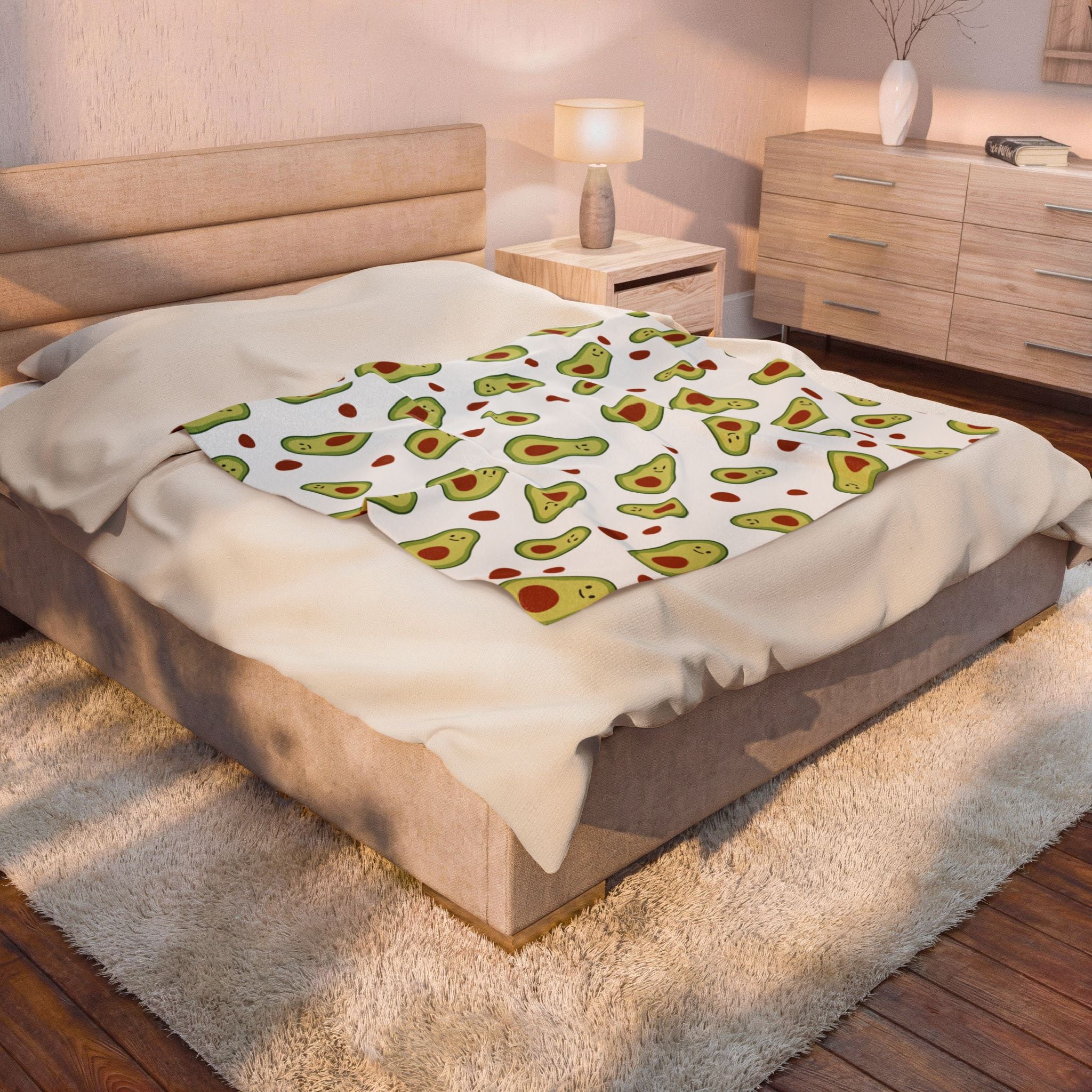Avocado Pattern Velveteen Plush Blanket — Cute Avocado Tossed Design, Cozy Throw for Kitchen, Living Room & Gifts